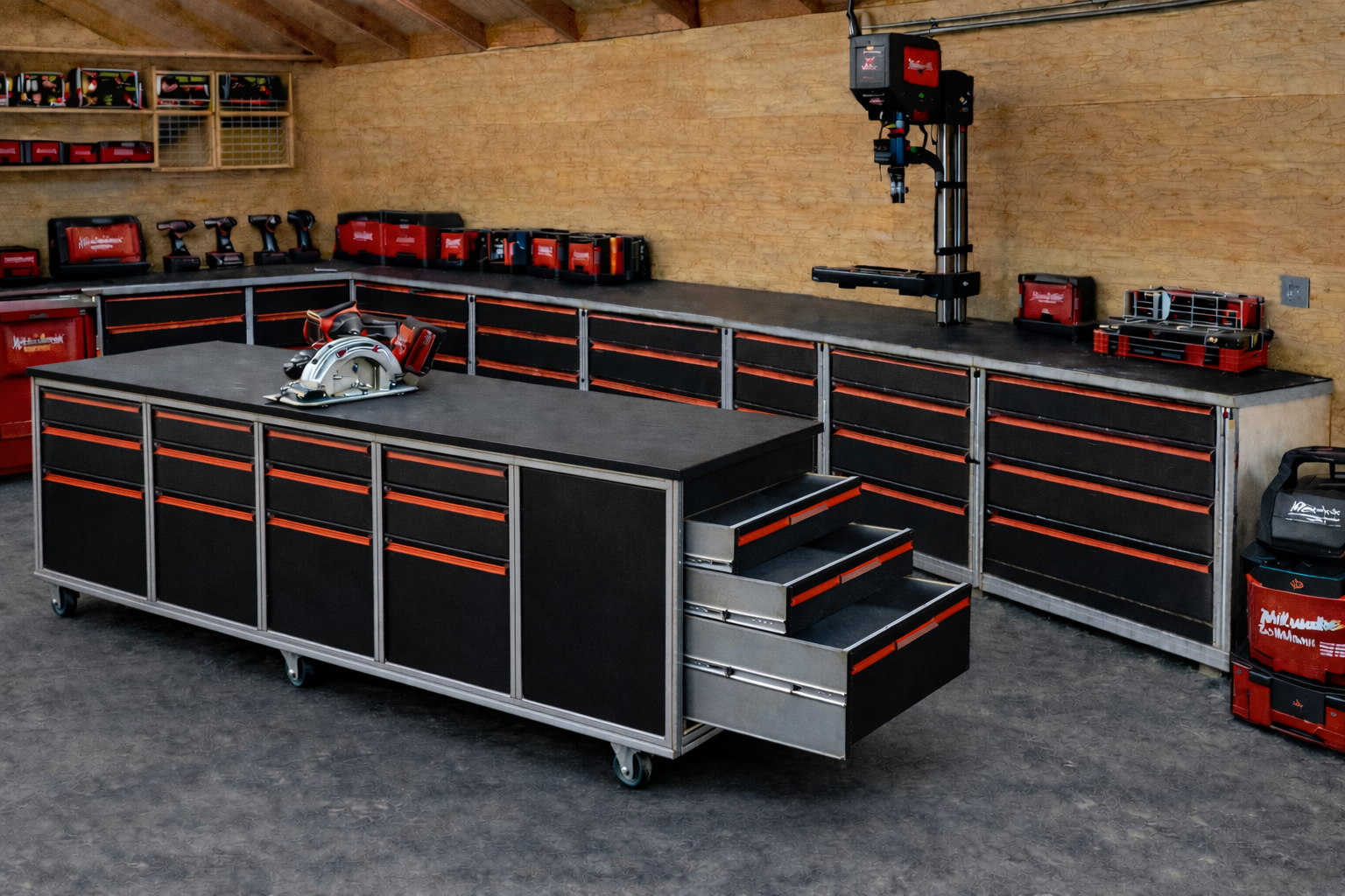 Mobiworx werkbank zwarte laden met rood accent