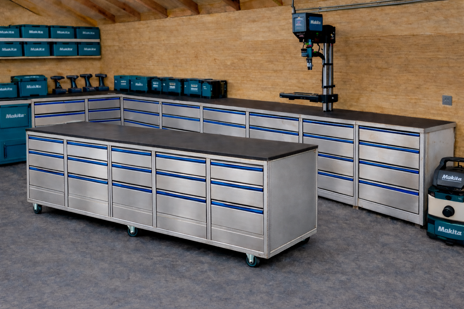 Mobiworx werkbank aluminium laden met blauw accent